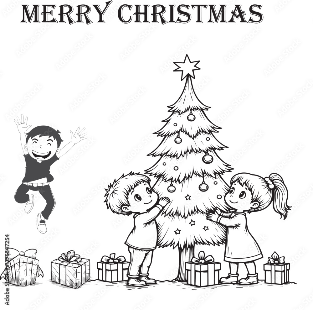 Fototapeta premium Cartoon Christmas tree with gifts and toys for kids coloring book illustration