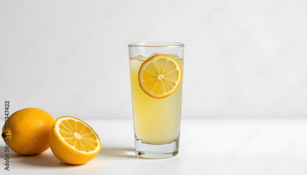 Fototapeta premium A beverage in a clear glass with lemon slices resting atop it, positioned to the left of two whole lemons. The background is plain white, emphasizing the drink's refreshing presentation.