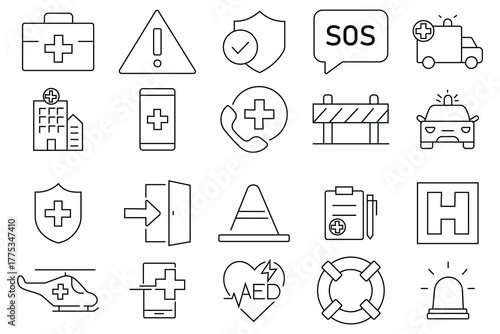Emergency icons set . Emergency web icons in line style.  SOS emergency call, ambulance, help, emergency hotline, exit, collection. Vector illustration.