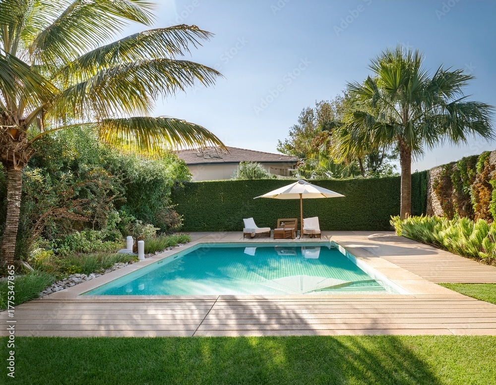 Fototapeta premium lush backyard with pool seating under umbrella framed by palms and bright green grass
