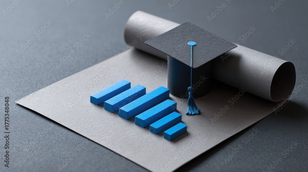 Obraz premium Graduation Cap and Financial Bar Graph on Gray Surface Symbolizing Education and Business Success for Stock Photography Use