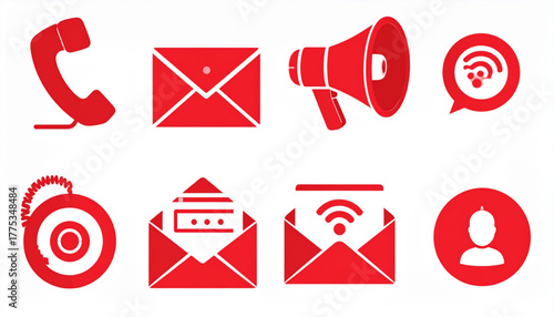 Bold Red Flat Icons of Communication Methods Set
