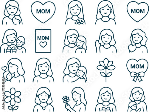 Line art illustration of mothers day icons isolated on white background, showcasing symbols of motherhood, love, and appreciation for maternal figures