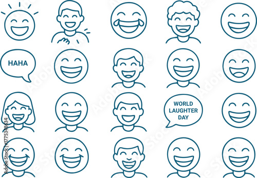 Fotografija World laughter day icons isolated on white background, depicting happy faces and