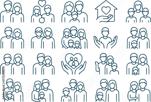 Line art illustration of family icons isolated on white background, featuring parents, children, and symbols representing love, care, and relationships