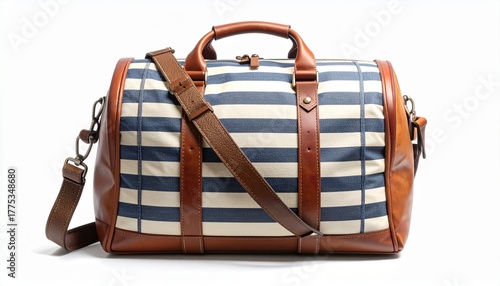 Plaid duffel bag with beige and navy checkered fabric, brown leather accents, and metal hardware for editorial fashion photography travel gear design and poetic utility-themed visuals