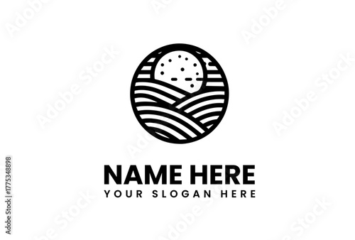 Minimalist circular vector logo design capturing the essence of a serene natural landscape with abstract wavy lines depicting rolling fields or calm water under a luminous textured sun or moon