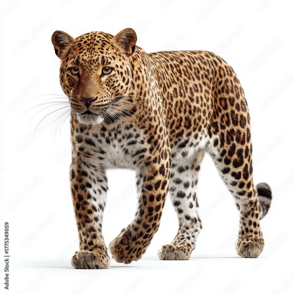 Obraz premium Majestic leopard walking on white background