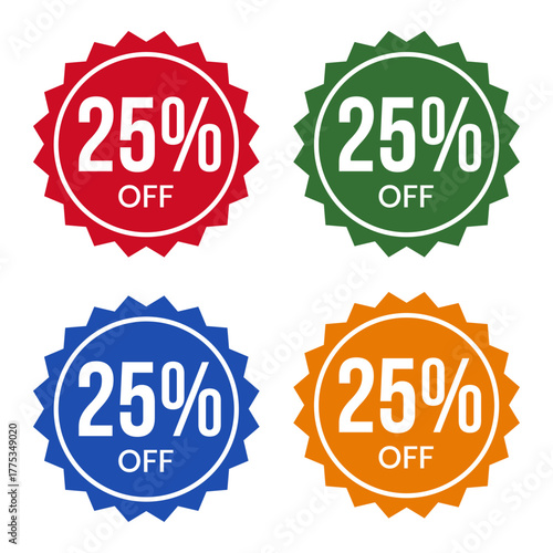 25 off discount sticker set collection of four different discount stickers red, green, blue and orange discount stickers