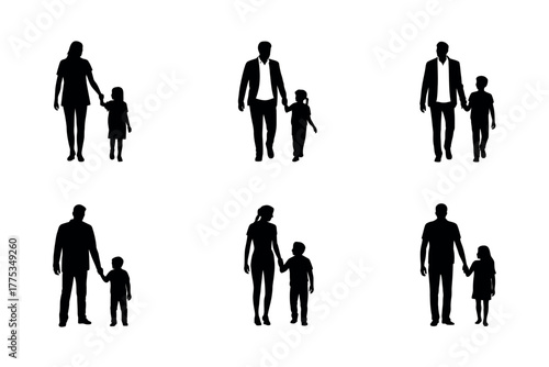 Silhouettes of parents and children walking together, symbolizing family bonds and connection.