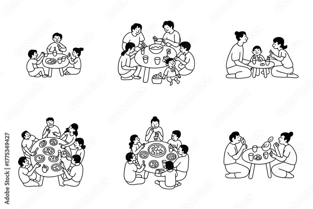 Fototapeta premium A collection of line drawings depicts various family gatherings around dining tables.