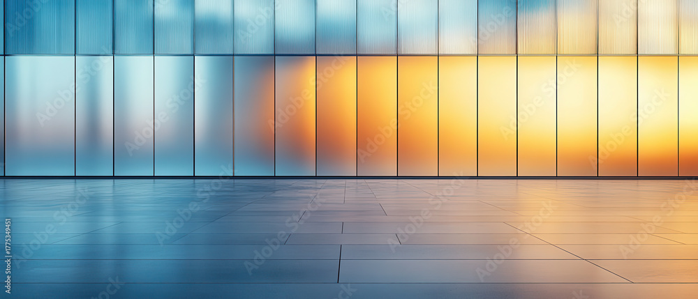 Fototapeta premium Modern glass wall with warm sunlight and blue reflection on floor, abstract architecture background with bright gradient tones for design, business, and technology projects 