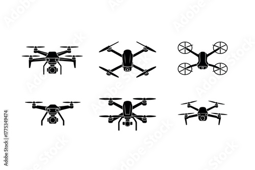 A collection of six drone illustrations in a top-down and front view.