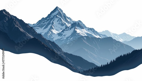 A tranquil landscape featuring majestic snow capped mountains in the distance, with their peaks rising above a valley filled with lush green trees