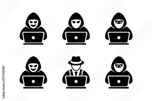 A group of hackers in hoodies and a fedora sit at laptops.