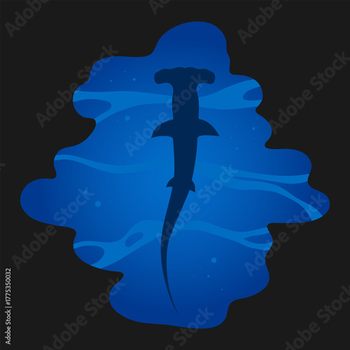 Blue underwater illustration with a hammerhead shark silhouette. Hammerhead shark swimming in the ocean top view. Vector illustration