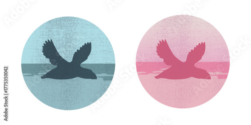 Round emblems with a silhouette of a puffin flying over sea. Vector illustration