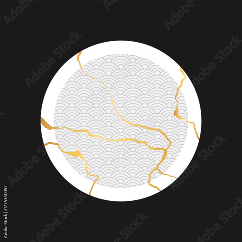 Plate with golden Kintsugi cracks. Repairing Japanese art. Vector illustration
