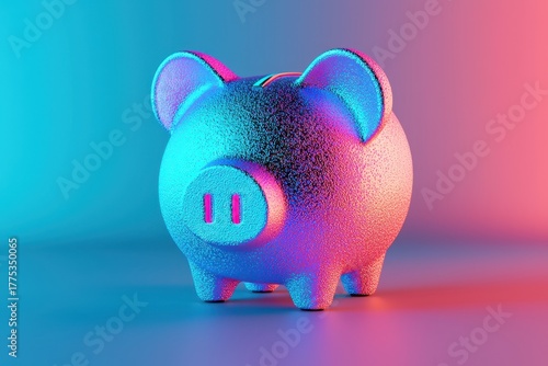 Textured piggy bank illuminated with vibrant neon blue and pink lighting against a gradient background