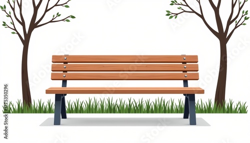 A simple illustration of an empty park bench situated between trees in a park setting. The bench is wooden with metal hardware and painted blue slats