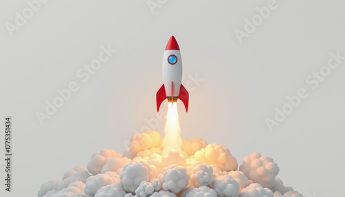 A digital illustration of a space rocket launching from a cloud like formation against a stark background.