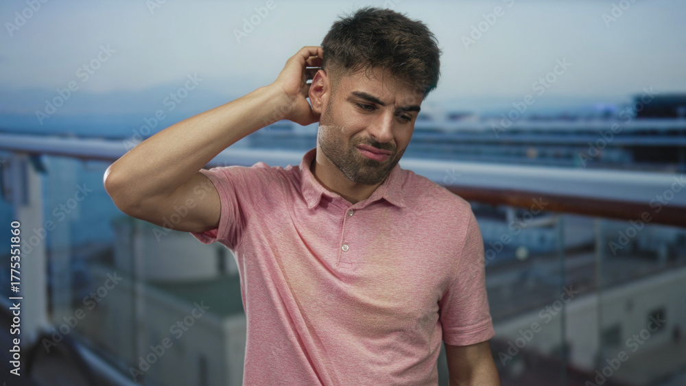 Fototapeta premium Young man scratches neck against metal railing of cruise boat on building deck under clear sky; unease.