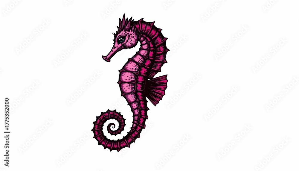 Fototapeta premium A vividly colored pink seahorse with a swirl like tail, set against a plain gray background.