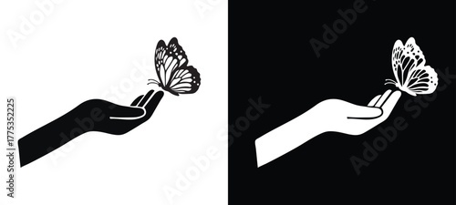 Graceful butterfly landing on human hand silhouette symbol of harmony with nature