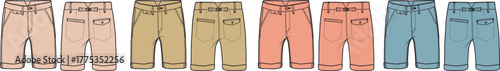 Collection of children's casual trousers technical fashion flat sketches. Vector apparel design template showing front and back views in multiple colors