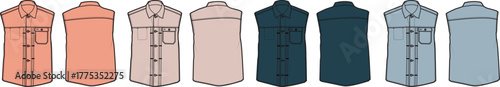 Stylish sleeveless blouses in a range of pastel and deep hues, featuring collar and pocket details, ideal for fashion design resources and clothing illustrations