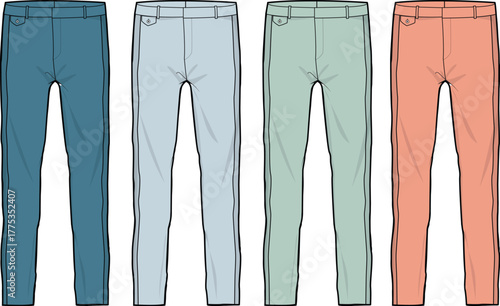 Vector template of casual chino pants in a vibrant spring color palette. Technical flat illustration set for fashion design and apparel mockups