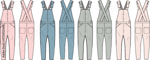 Collection of fashion technical flats showcasing diverse women's overall jumpsuits in various colors, perfect for apparel design, product development, or pattern making