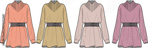 Set of women's long sleeve belted tunic dresses with a v-neck collar. Fashion technical flat sketch and vector apparel template for clothing design