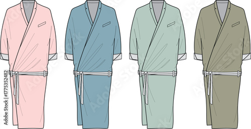 Collection of bathrobe fashion flat sketches. Vector illustration set of unisex loungewear technical drawings in multiple color options for apparel design