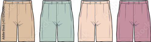 Collection of women's high-waisted pleated bermuda shorts, a technical fashion flat sketch and apparel design template in four colorways