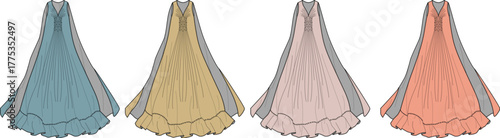 Set of colorful flowing maxi skirts with tiered ruffles, isolated vector fashion illustration for apparel design