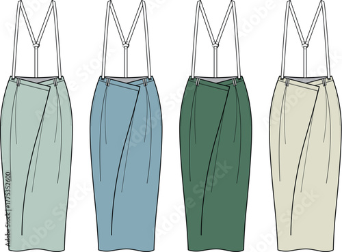 Fashion design illustration of a versatile midi skirt with suspenders in four distinct color variations