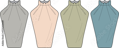 Pleated neck garment pattern illustration for fashion design and dressmaking, offering multiple color variations