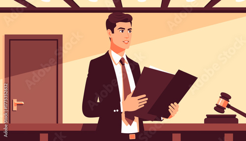 Young man in suit holding legal files in courtroom setting  