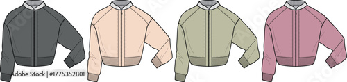 Modern cropped bomber jackets in a range of trending colors, perfect flat vector illustration for fashion apparel design, showcasing versatile style and comfort