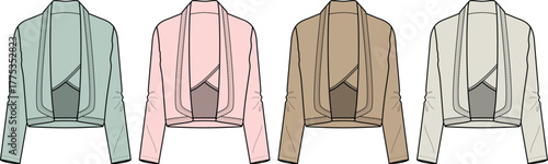 A collection of four draped jacket fashion designs in pastel color variations
