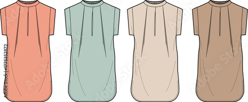 Fashion sketch of four short-sleeved tops in various pastel colors, designed for women's apparel