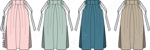 Vector illustrations of elegant women's pleated skirts in multiple soft colors, inspired by traditional fashion. Perfect for cultural garment design and textile projects