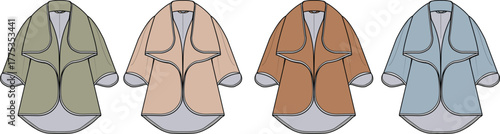Elegant women's open-front jacket flat sketch in multiple color variations, showcasing a modern and versatile outerwear design for fashion apparel collections