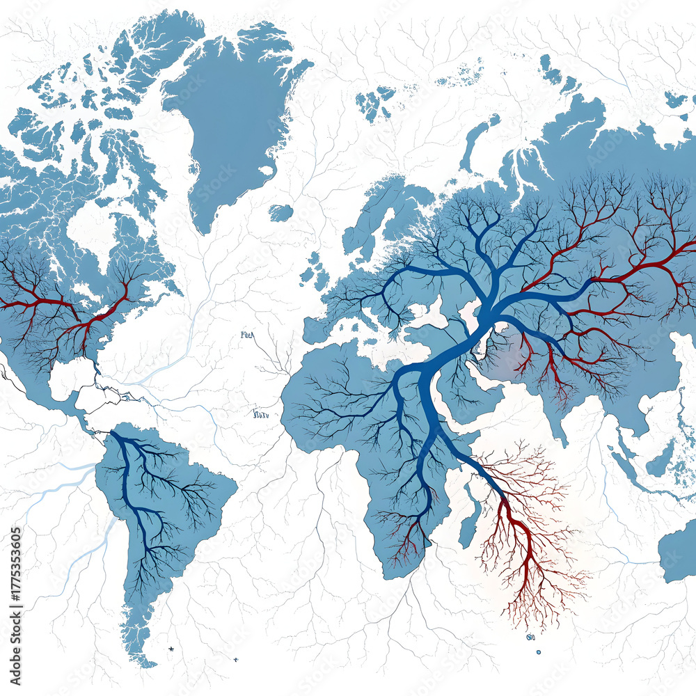Fototapeta premium A creative illustration of human veins forming a world map, symbolizing unity, life.