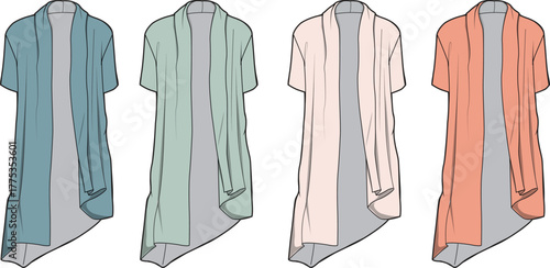 Versatile women's fashion concept a flowing draped cardigan presented in a spectrum of soft, appealing colors through clean, minimalist vector garment drawings for apparel