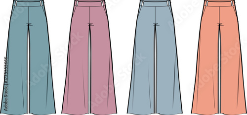 Set of women's high-waisted wide-leg trousers fashion flat technical sketches. Apparel design vector template in multiple colorways