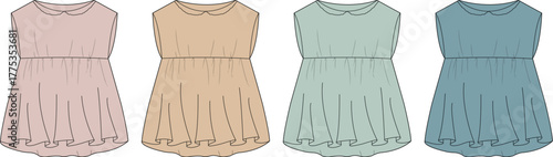 Kids wear fashion design template set. Sleeveless baby girl romper with an elastic waist and Peter Pan collar technical drawing