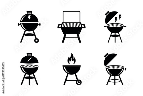 Illustration showcasing six different black barbecue grill icon variations on white