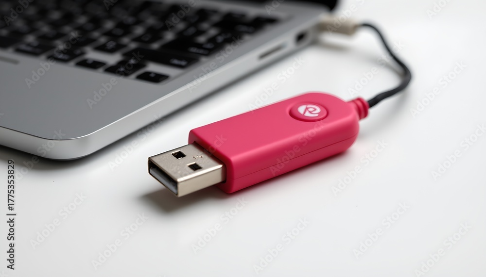 Fototapeta premium A USB hub connected to a laptop via cable, which has two ports plugged in. One of these ports is an external hard drive, while the other appears to be a flash drive